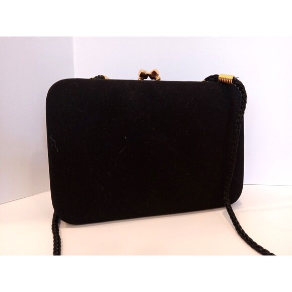 1990s Black Kisslock Boxy Clutch w/ Shoulder Strap Unbranded Evening Bag - Picture 3 of 13